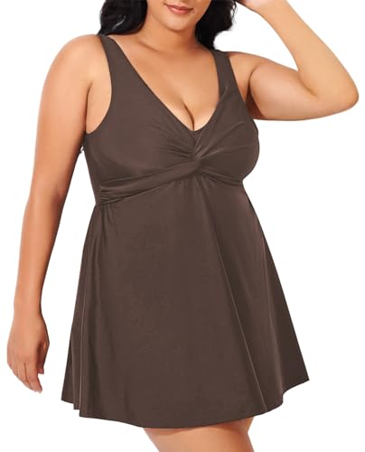 Sovoyontee Damen-Tankini-Badeanzug, Übergröße, zweiteilig, fließend, Bauchkontrolle, Badeanzug, Twist-Front-Bademode, Dunkelbraun, 4XL Mehr von Sovoyontee