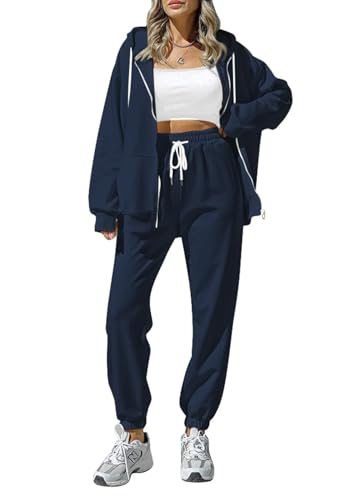 Sovoyontee Damen Trainingsanzug Zip Up Hoodie Sweatsuits 2-teilige Jogger Sets mit Taschen Blau M von Sovoyontee