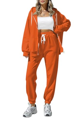 Sovoyontee Damen Trainingsanzug Zip Up Hoodie Sweatsuits 2-teilige Jogger Sets mit Taschen Orange S von Sovoyontee