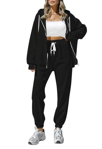 Sovoyontee Damen Trainingsanzug Zip Up Hoodie Sweatsuits 2-teilige Jogger Sets mit Taschen Schwarz XL von Sovoyontee