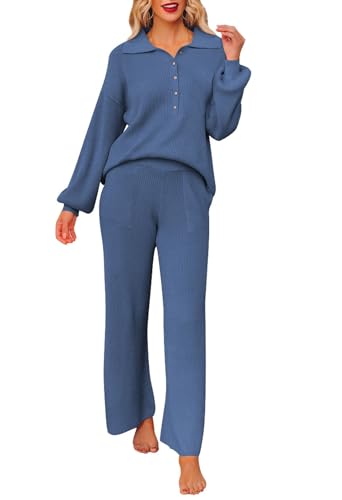 Sovoyontee Frauen 2-teilige Outfit Pullover Set Langarm Knopf Strick Pullover Top Weite Bein Hosen Pocket Sweatsuit Blau M von Sovoyontee