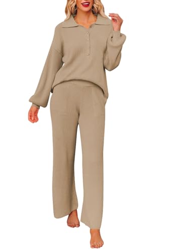 Sovoyontee Frauen 2-teilige Outfit Pullover Set Langarm Knopf Strick Pullover Top Weite Bein Hosen Pocket Sweatsuit Khaki L von Sovoyontee