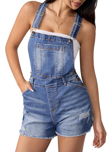 Sovoyontee Latzhose Damen Kurz Retro Denim Overalls Jeanslatzhose Verstellbare Träger Shorts Jumpsuit Hellblau 2XL von Sovoyontee