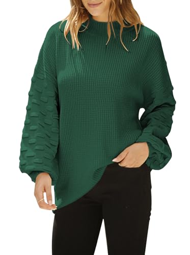 Sovoyontee Damen Herbst Oversized Rundhalsausschnitt Lange Puffärmel Grobstrick Pullover Pullover Tops, Dunkelgrün, Groß von Sovoyontee