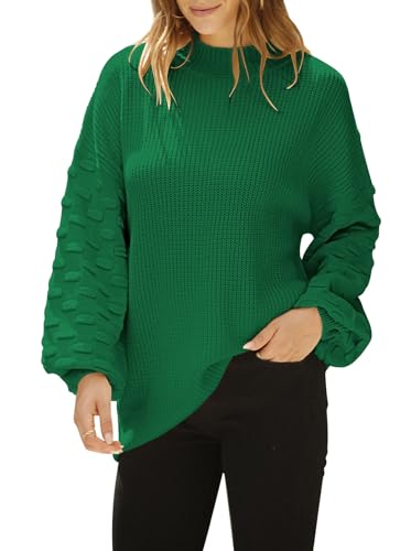 Sovoyontee Niedlicher Übergroßer Damen-Pullover mit Rundhalsausschnitt, lockere Puffärmel, Grobstrick, Dunkelgrün, X-Groß von Sovoyontee