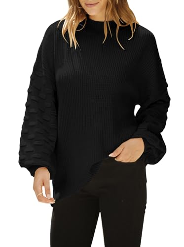 Sovoyontee Niedlicher Übergroßer Damen-Pullover mit Rundhalsausschnitt, lockere Puffärmel, Grobstrick, Schwarz, Groß von Sovoyontee