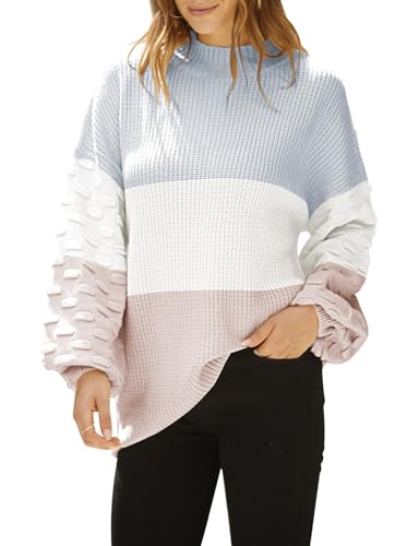 Sovoyontee Damen Herbst Oversized Rundhalsausschnitt Lange Puffärmel Grobstrick Pullover Pullover Tops, Stripe1 | Grau-weiß-Aprikose, Groß von Sovoyontee