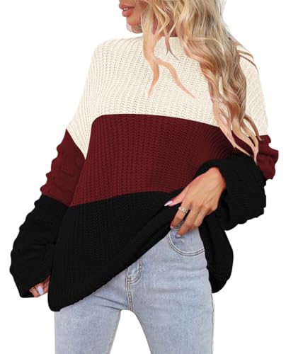 Sovoyontee Niedlicher Übergroßer Damen-Pullover mit Rundhalsausschnitt, lockere Puffärmel, Grobstrick, Stripe3 | apricot-rubin-schwarz, Mittel von Sovoyontee