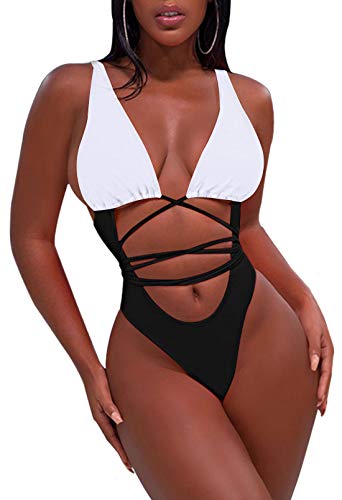 Sovoyontee Women's Thong Sexy One Piece Bikini Swimsuits Swimwear, White Top Match Black Bottom and String, XL von Sovoyontee