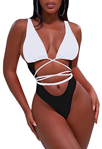 Sovoyontee Women's Thong Sexy One Piece Bikini Swimsuits Swimwear Schwarz-Weiß von Sovoyontee