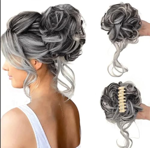 Curly Bun Haarteil - Unordentlicher Dutt Haarteil, Hair Bun Extension Haarteile für Frauen, Curly Hair Bun, Pferdeschwanz Echthaar, Haargummis für dünnes Haar (Grey Black) von Sovtay