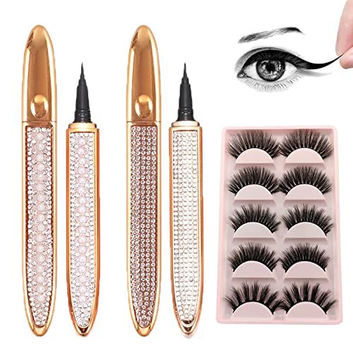 Selbstklebender Eyeliner Wimpernkleber-Stift, 2 in 1 flüssiger schwarzer Eyeliner Stift, No Blooming Schnell trocknend Langlebig Wimpernkleber Stift, Mit 5 Paar falschen Wimpern (2PCS) von Sovtay