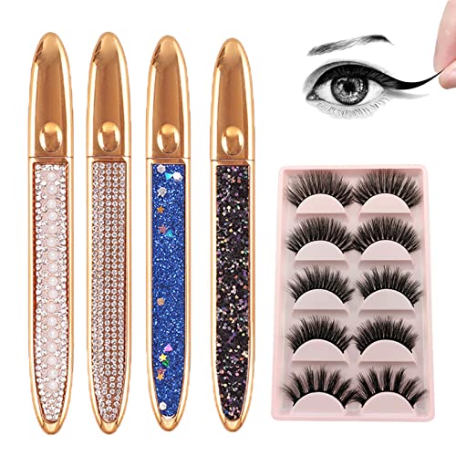 Selbstklebender Eyeliner Wimpernkleber-Stift, 2 in 1 flüssiger schwarzer Eyeliner Stift, No Blooming Schnell trocknend Langlebig Wimpernkleber Stift, Mit 5 Paar falschen Wimpern (4PCS) von Sovtay