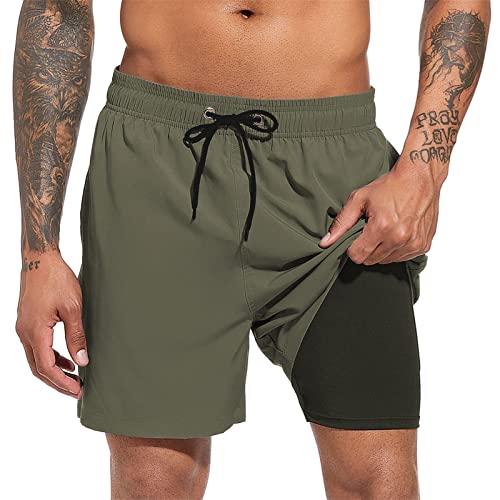 Herren-Badehose, schnelltrocknend, Strandshorts mit Kompressionsfutter, Badeshorts mit Reißverschlusstaschen, Grün (Army Green), M von Sovtemp