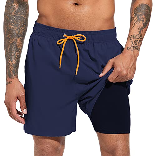 Herren-Badehose, schnelltrocknend, Strandshorts mit Kompressionsfutter, Badeshorts mit Reißverschlusstaschen, Marineblau, M von Sovtemp