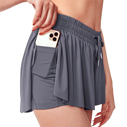 Sovtemp Damen 2-in-1 Flowy Shorts Quick-Dry Running Yoga Shorts Kordelzug Fitness Workout Athletic Shorts, GRAU, Klein von Sovtemp