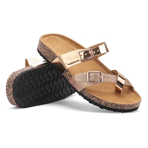 Zehentrenner Pantoletten Damen, Bequem Clogs Rutschfeste Sandalen, Flip Flops Kork-Fussbett Leder Sommer Schlappen, Hausschuhe mit Natur Kork Sommerschuhe Mules Slides von Sowdus