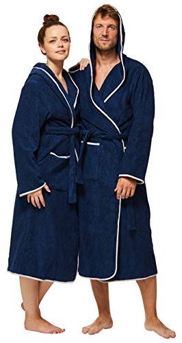 Sowel® Bademantel Damen und Herren, 100% Bio-Baumwolle, Extra Lang mit Kapuze, Morgenmantel, Flauschig, Frottee, M, Navy/Grau von Sowel