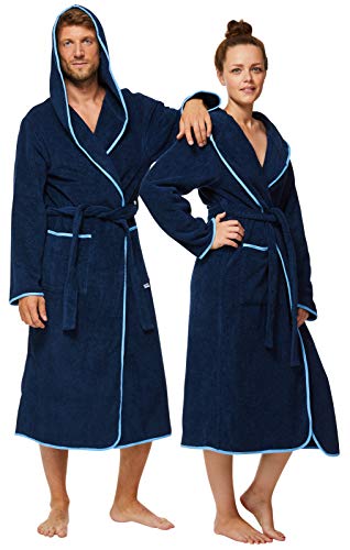 Sowel® Bademantel Damen und Herren, 100% Bio-Baumwolle, Extra Lang mit Kapuze, Morgenmantel, Flauschig, Frottee, L, Navy/Blau von Sowel