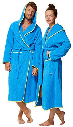 Sowel® Bademantel Damen und Herren, 100% Bio-Baumwolle, Extra Lang mit Kapuze, Morgenmantel, Flauschig, Frottee, XL, Blau/Gelb von Sowel