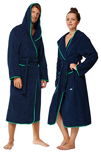 Sowel® Bademantel Damen und Herren, 100% Bio-Baumwolle, Extra Lang mit Kapuze, Morgenmantel, Flauschig, Frottee, XL, Navy/Grün von Sowel