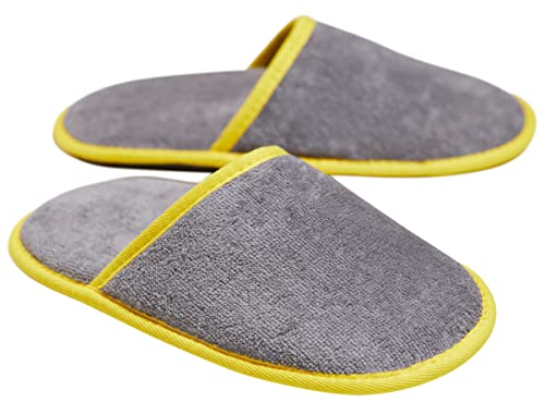 Sowel® Velour Frottee Slipper ohne Silikonnoppen, Hotelslipper, Hausschuhe, 100% Bio-Baumwolle, Damen und Herren, One Size, Geschlossen, Grau/Gelb von Sowel