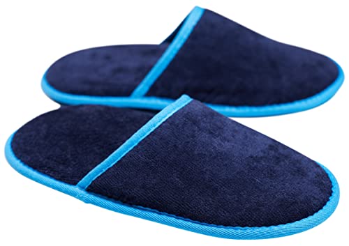 Sowel® Velour Frottee Slipper ohne Silikonnoppen, Hotelslipper, Hausschuhe, 100% Bio-Baumwolle, Damen und Herren, One Size, Geschlossen, Navy/Blau von Sowel