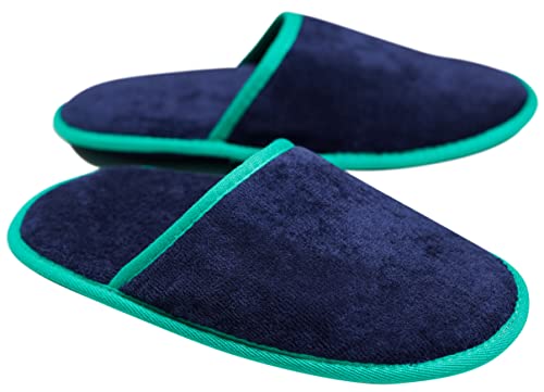 Sowel® Velour Frottee Slipper ohne Silikonnoppen, Hotelslipper, Hausschuhe, 100% Bio-Baumwolle, Damen und Herren, One Size, Geschlossen, Navy/Grün von Sowel