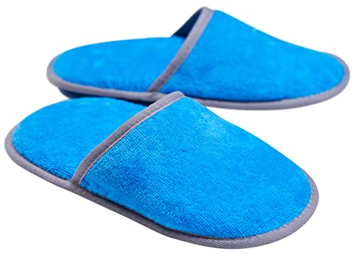 Sowel® Velour Frottee Slipper ohne Silikonnoppen, Hotelslipper, Hausschuhe, 100% Bio-Baumwolle, Damen und Herren, One Size, Geschlossen, Blau/Grau von Sowel