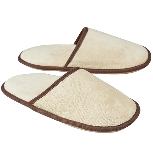 Sowel® Velour Frottee Slipper ohne Silikonnoppen, Hotelslipper, Hausschuhe, 100% Bio-Baumwolle, Damen und Herren, One Size, Geschlossen, Sand/Braun von Sowel