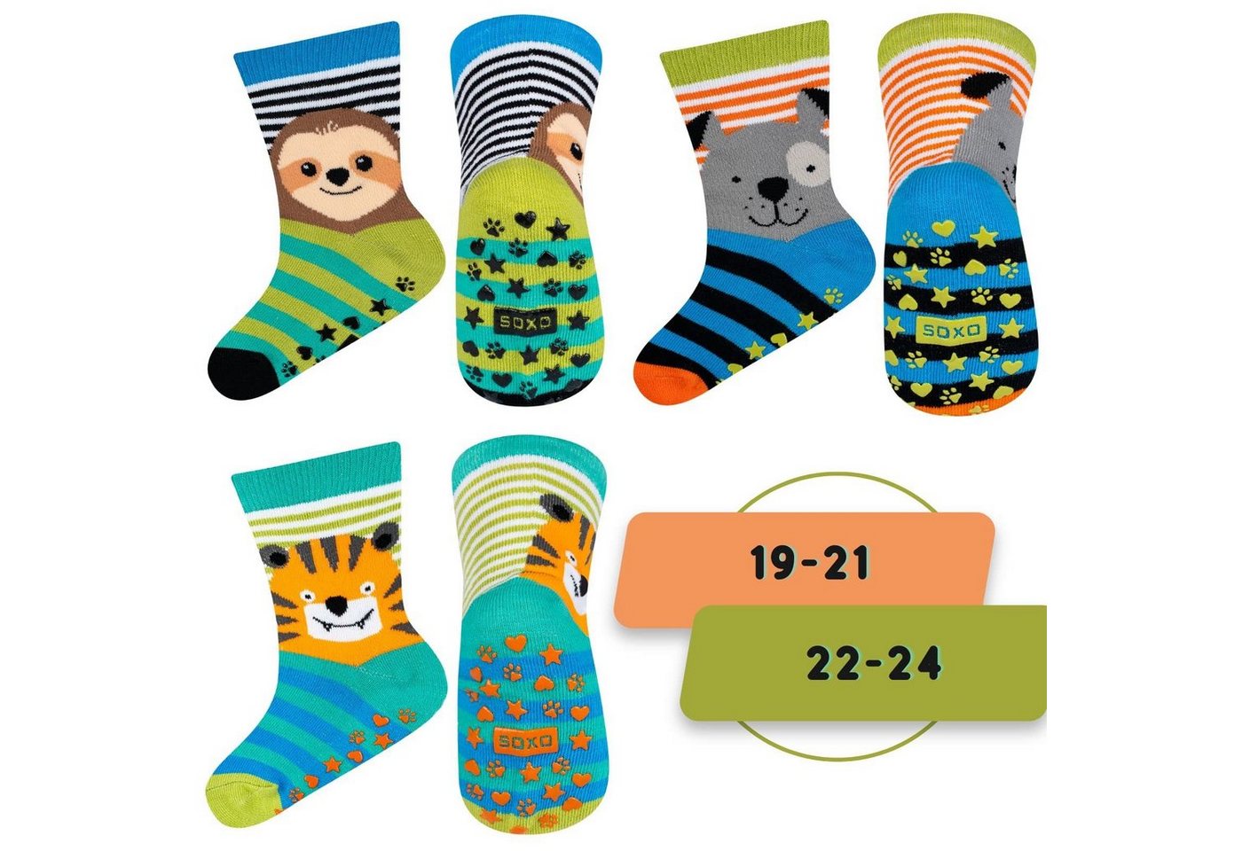 Soxo ABS-Socken Stoppersocken Kinder (Packung, 3-Paar, Set) Baby Geschenk Junge Bunte Antirutschsocken 2 Größen von Soxo