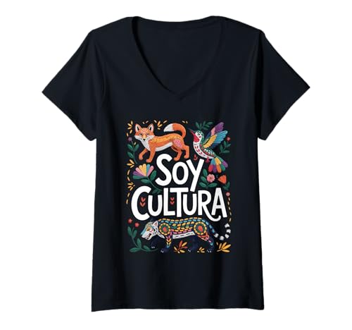 Damen Soy Cultura Mexikanische Kunst Füchse und Kolibri Design T-Shirt mit V-Ausschnitt Damen Soy Cultura Mexikanische Kunst Füchse und Kolibri Design T-Shirt mit V-Ausschnitt von Soy Cultura Hispanic Month