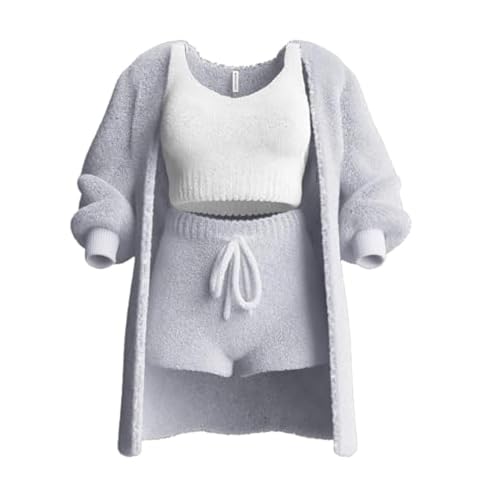 Damen-Strickset, 3-teilig, warmes, Flauschiges 3-teiliges Outfit-Pyjama, bauchfreie Tops + Shorts, Nachtwäsche-Set für Damen (Gray,S) von SpaNn