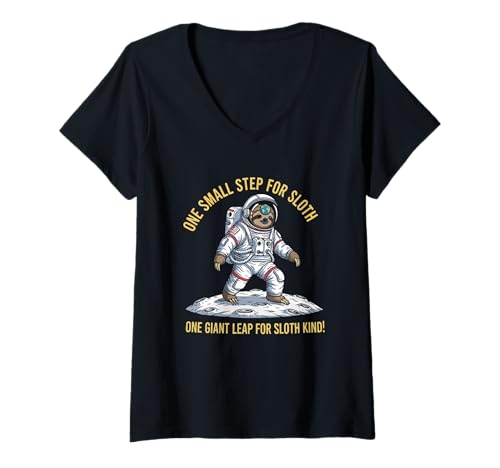 Damen EIN Kleiner Schritt für Faultiere, EIN riesiger Sprung für Faultier-Art T-Shirt mit V-Ausschnitt von Space Adventure Sloth Astronaut Moon Exploration