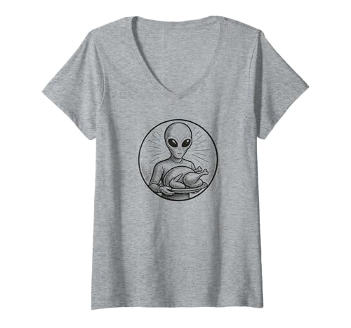 Damen Alien mit Thanksgiving Türkei T-Shirt mit V-Ausschnitt Damen Alien mit Thanksgiving Türkei T-Shirt mit V-Ausschnitt von Space Alien Thanksgiving Gifts and Designs