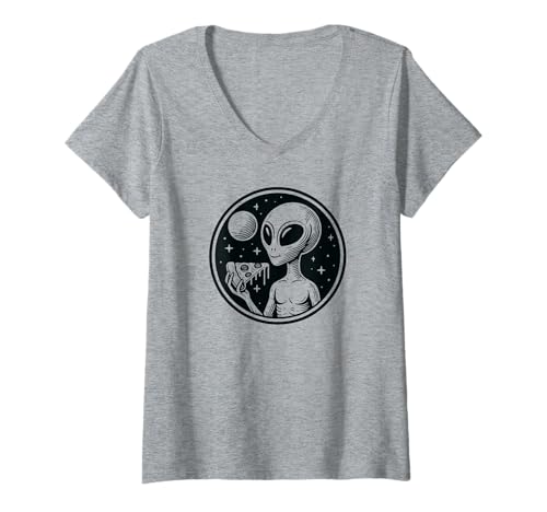 Damen Space Alien Essen Pizza T-Shirt mit V-Ausschnitt Damen Space Alien Essen Pizza T-Shirt mit V-Ausschnitt von Space Aliens, UFOs and Pizza for Sci Fi Gifts