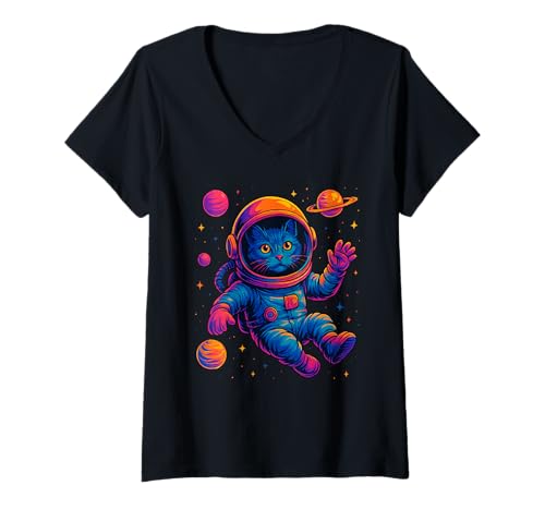 Damen Space Stars Planets Astronaut Cat T-Shirt mit V-Ausschnitt Damen Space Stars Planets Astronaut Cat T-Shirt mit V-Ausschnitt von Space Astronaut Cat Lover Apparel