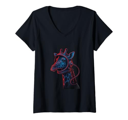 Damen Giraffe In Der Digitalen Kunst des Weltraumhelms T-Shirt mit V-Ausschnitt Damen Giraffe In Der Digitalen Kunst des Weltraumhelms T-Shirt mit V-Ausschnitt von Space Astronaut Helmet Animal