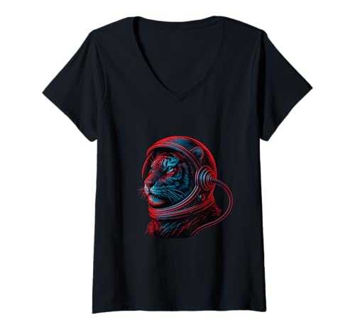 Damen Tiger In Astronaut Helm Digital Kunst T-Shirt mit V-Ausschnitt von Space Astronaut Helmet Animal