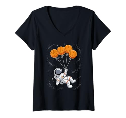 Damen Basketball Ballon Astronaut Schwebender Raumfahrer Weltraum T-Shirt mit V-Ausschnitt Damen Basketball Ballon Astronaut Schwebender Raumfahrer Weltraum T-Shirt mit V-Ausschnitt von Space Astronaut Lover Gifts