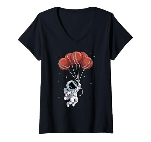 Damen Cricketballon Astronaut Schwebender Raumfahrer Weltraum T-Shirt mit V-Ausschnitt Damen Cricketballon Astronaut Schwebender Raumfahrer Weltraum T-Shirt mit V-Ausschnitt von Space Astronaut Lover Gifts