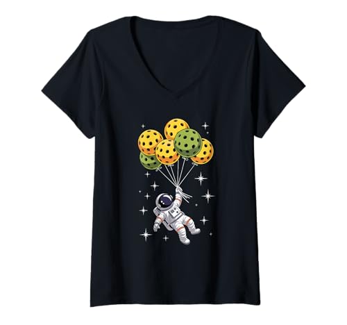 Damen Pickleball Ballon Astronaut Schwebender Raumfahrer Weltraum T-Shirt mit V-Ausschnitt Damen Pickleball Ballon Astronaut Schwebender Raumfahrer Weltraum T-Shirt mit V-Ausschnitt von Space Astronaut Lover Gifts
