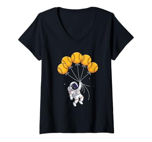 Damen Softball Ballon Astronaut Schwebender Raumfahrer Weltraum T-Shirt mit V-Ausschnitt Damen Softball Ballon Astronaut Schwebender Raumfahrer Weltraum T-Shirt mit V-Ausschnitt von Space Astronaut Lover Gifts