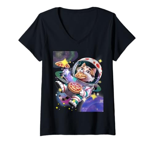 Damen Space Cat Pizza Food Pizza Galaxy Laser Eyes Rainbow Kitty T-Shirt mit V-Ausschnitt Damen Space Cat Pizza Food Pizza Galaxy Laser Eyes Rainbow Kitty T-Shirt mit V-Ausschnitt von Space Cat Pizza