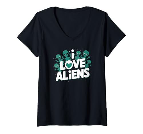 Damen I Love Aliens Cute Extraterrestral Graphic T-Shirt mit V-Ausschnitt Damen I Love Aliens Cute Extraterrestral Graphic T-Shirt mit V-Ausschnitt von Space Enthusiast Alien Theme Fun Imagery