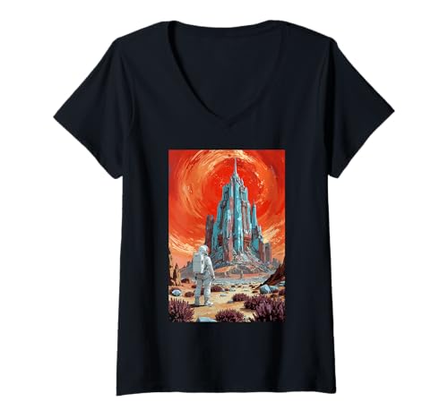Damen Sci-Fi Futuristischer Stadt-Astronaut auf Alien-Planeten-Raumschiff T-Shirt mit V-Ausschnitt Damen Sci-Fi Futuristischer Stadt-Astronaut auf Alien-Planeten-Raumschiff T-Shirt mit V-Ausschnitt von Space Explorer Red Planet Adventure Space Suit
