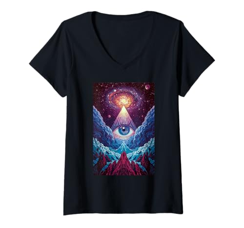 Damen Big Eye Stargaze Kosmische Visionäre Mystische Wolken T-Shirt mit V-Ausschnitt von Space Eye Cosmic Planet Vision Celestial