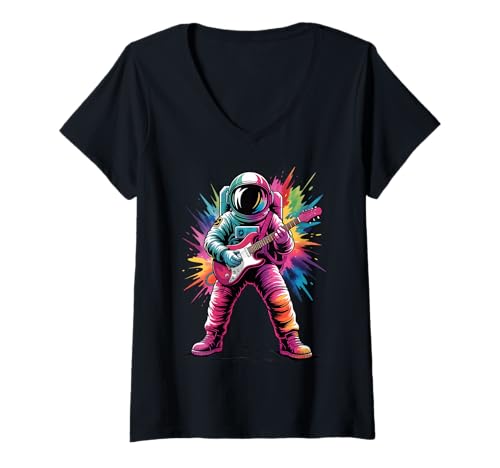 Damen Astronaut spielt Gitarre, Poster-Stil, Bunte Malkunst T-Shirt mit V-Ausschnitt Damen Astronaut spielt Gitarre, Poster-Stil, Bunte Malkunst T-Shirt mit V-Ausschnitt von Space Lover Apparel & Arts