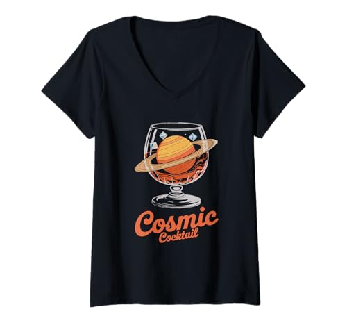Damen Cosmic Cocktail Saturn Planet Glas Fun T-Shirt mit V-Ausschnitt von Space Planetary Drink Humor