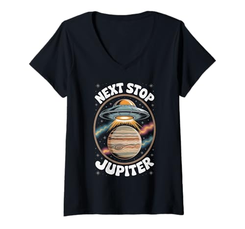 Damen Nächster Halt Jupiter T-Shirt mit V-Ausschnitt von Space Planets System Science Jupiter